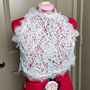 Elenza by L & L White see through lace high neck crop top blouse